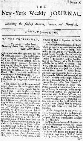 A January 7th, 1733 clipping from John Peter Zenger’s “The New-York Weekly Journal”