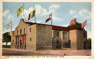 A visual representation of the ‘Six Flags Under Texas’ atop The Alamo. 