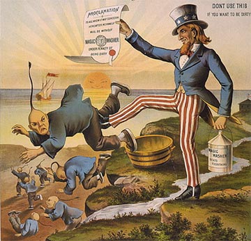 Uncle Sam dismisses Chinese migrant laborers from the American West Coast during the California Gold Rush.